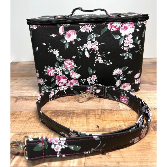 Floral Makeup Travel Case With Mirror & Adjustable Strap - Black & Pink Design - - Picture 1 of 7